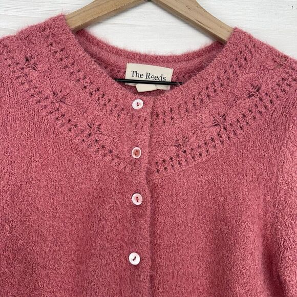 The Reeds x J.Crew Size M Fuzzy Cardigan Sweater Flamingo Pink Eyelash Preppy - Picture 4 of 16